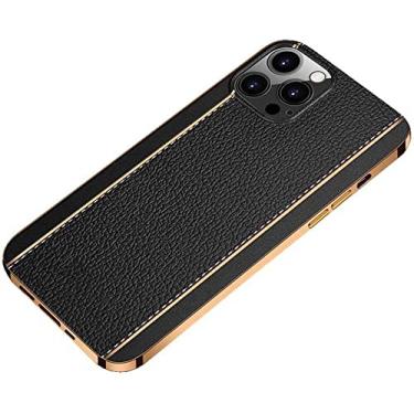 Imagem de HAODEE Capa de telefone com moldura dourada padrão Lychee, capa fina de silicone à prova de choque com tudo incluso para Apple iPhone 12 Pro (2020) 6,1 polegadas [proteção de tela e câmera] (cor: preto)