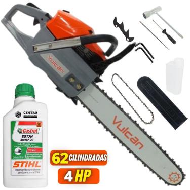 Imagem de Motosserra Profissional Vulcan VS620 á Gasolina 2T 62cc 4HP 11500rpm Com Ponta Rolante 20" e Corrente 34 Dentes + Óleo Castrol Sthil 2 Tempos de 