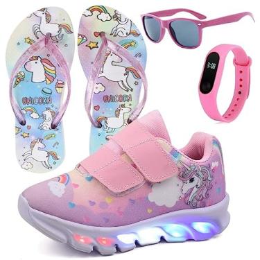 Imagem de Tenis Infantil De Led Unicornio Calce Facil Meninas LIGHT + Chinelo Oculos Relogio Cor:Rosa;Tamanho:34