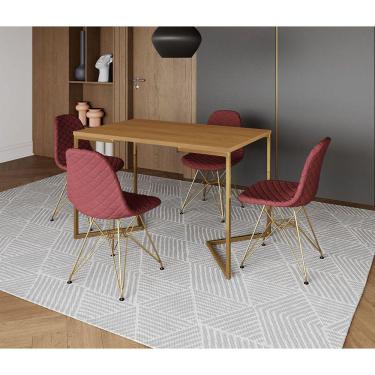 Imagem de Mesa Jantar Industrial Retangular Canela 120x75 Base V com 4 Cadeiras Estofadas Vermelha Aço Dourado