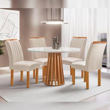 Imagem de Conjunto Mesa Tampo Redondo Plus Vidro Kansas 100cm 4 Cadeiras Arizona Cinamomo/Off White/Suede Bege
