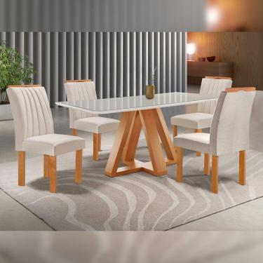 Imagem de Conjunto Mesa Tampo Smart Plus Vidro Kyra 120cmx90cm 4 Cadeiras Arizona Cinamomo/Off White/Suede Bege