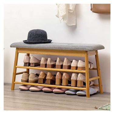 Imagem de Prateleira de sapatos banco de armazenamento – Prateleira de bambu com armazenamento de 2 níveis, assento acolchoado e compartimento organizador, banco estofado para armário, entrada, corredor, quarto