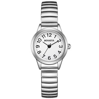 Imagem de BOSHIYA Relógio feminino Quartz Easy Reader 23 mm pulseira de expansão de aço inoxidável para pulso pequeno (ouro/prata), Feminino, prata, Relógio feminino