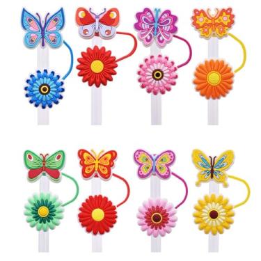 Imagem de ZOSTLAND 8 peças de tampas de palha de flores de borboleta, tampão de palha de silicone reutilizável, compatível com Stanley 890 g 1,134 g capas de canudo para copo acessório (flores de borboleta)