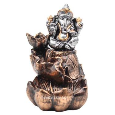 Imagem de Incensário Cascata Ganesha Flor Dourado E Prata 14cm - Mandala De Luz