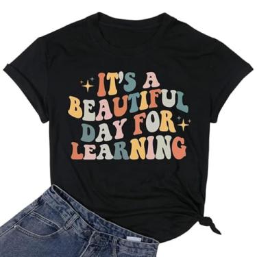 Imagem de Camiseta feminina It's a Beautiful Day for Learning Teacher Life Camiseta divertida de manga curta para professores, Preto, G