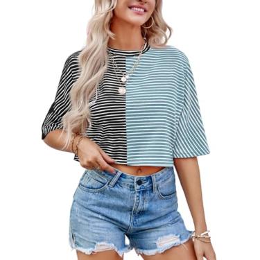 Imagem de Tankaneo Camiseta feminina listrada de verão meia manga gola redonda color block crop top casual solta, Azul, M