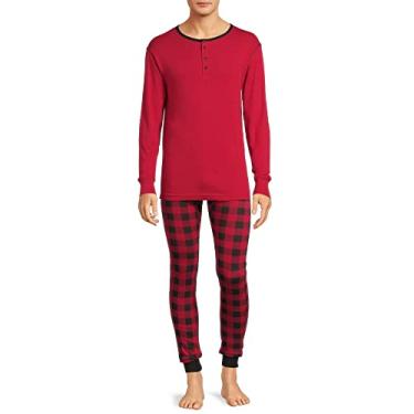 Imagem de Hanes Conjunto de pijama masculino com calça comprida e top 100% algodão canelado combinando - Conjunto de pijama quente e confortável - Conjunto de pijama de inverno macio, Buffalo vermelho, G