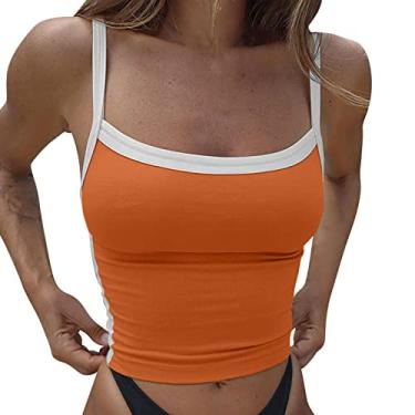 Imagem de Regata feminina de verão cropped color block sem mangas alças finas camiseta sexy para sair, Z1 - laranja, P