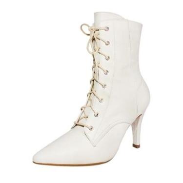 Imagem de Bota Couro Legítimo Salto Alto Fino Cano Curto Bico Fino Luiza Sobreira Off White-Feminino