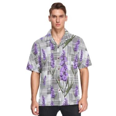 Imagem de Camisa havaiana masculina fashion acampamento praia tops colarinho botão camisa casual manga curta solta camisa, Xadrez cinza com flores lavanda, XXG