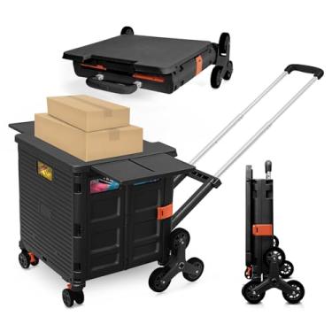 Imagem de Carrinho utilitário dobrável com rodas para subir escadas, caixa dobrável com tampa magnética e tampa telescópica, alça telescópica ajustável, carrinho de mão com roda de rotação de 360° para