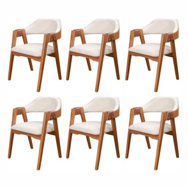 Imagem de Conjunto com 6 Cadeiras de Madeira 100% Maciça, Estofada e Braço em Couro único Bélgica Living ou Imbuia/boucle Cru