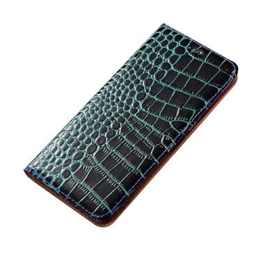 Imagem de HAO RIYLN Capa carteira de couro para iPhone 16 Pro Max/16 Pro/16 Plus/16, padrão clássico de crocodilo, capa flip de couro real com suporte para cartão, azul, 16 Plus