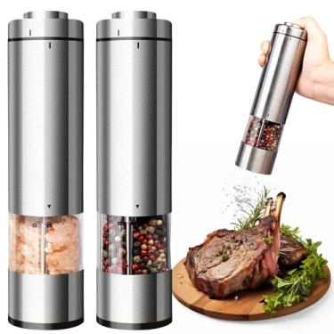 Imagem de QUINEEHOM Moedores Elétricos de Sal e Pimenta, Automático com Luz LED, Saleiro e Pimenteiro com uma Mão, Prata