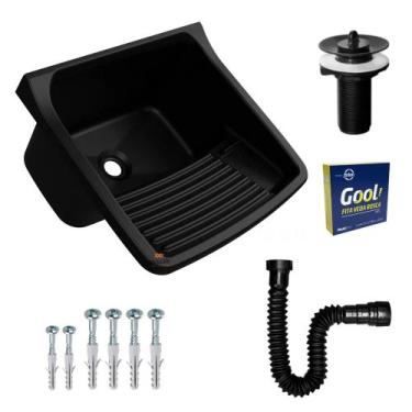 Imagem de Tanque de Plastico p/ Lavar Roupa Preto + Sifão + Veda Rosca - Metasul