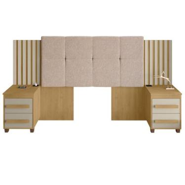 Imagem de Cabeceira Casal Extensível com 2 Mesas de Apoio Ripado e Estofado Cina