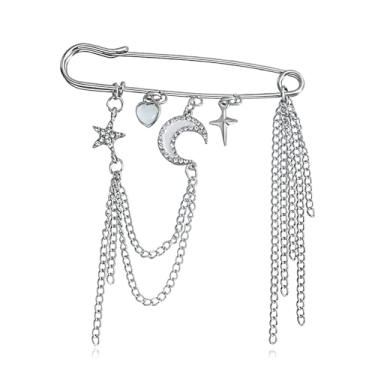 Imagem de Broche de corrente de borla de lua estrela dourada broche de pingente de colar para mulheres homem cristal lua estrela broche de colar pinos de zircônia cúbica suéter clipes de xaile broche de