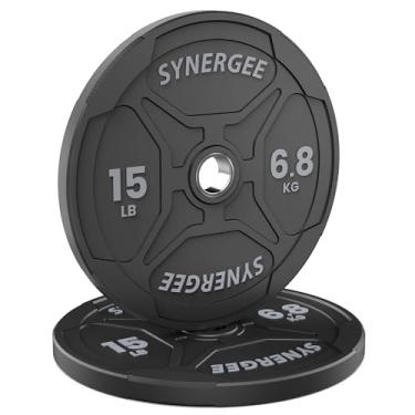 Imagem de Placas de peso de ferro fundido Synergee com abertura de 5 cm para exercícios de musculação, olímpico e levantamento de energia. Pratos de peso de metal vendidos em individuais. Disponível de 2,5 a 20,4 kg.