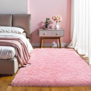 Imagem de KICHOWUA Tapete grosso 10 x 15 rosa fofo – Tapete lavável de pelúcia ultra macio, tapete felpudo felpudo antiderrapante para quarto de meninas, quarto de criança, berçário, bebê, dormitório, sala de