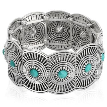 Imagem de Waist Wow Pulseira turquesa feminina boho vintage vaqueira ocidental pulseira elástica turquesa joia, One Size, Liga de aço Pedra preciosa, Safira criada