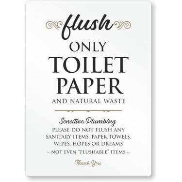 Imagem de SmartSign Placa de encanamento sensível de papel higiênico Flush Only para Airbnb - 12,7 cm x 18 cm, acrílico, fitas adesivas de espuma, preto/dourado/branco
