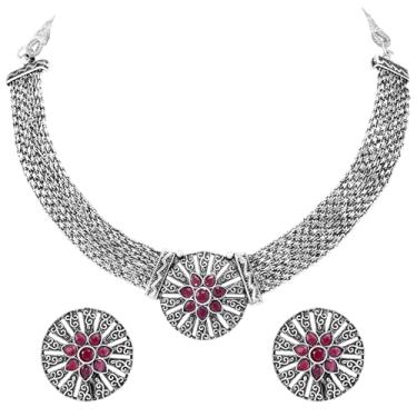 Imagem de Aheli Brincos de gargantilha cravejados de pedra sintética rosa banhado a prata conjunto de joias étnicas presente para mulheres, Onesize, Cobre, Pedra sintética