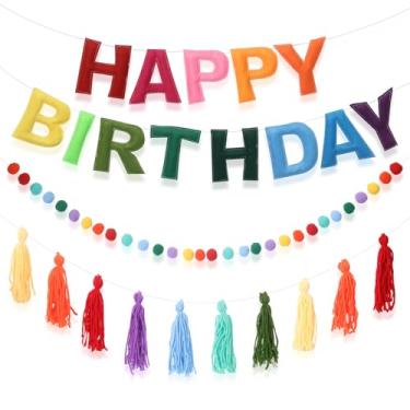 Imagem de Ohiyoo banner de feliz aniversário pré-amarrado decorações de aniversário de arco-íris guirlanda de bola de feltro banner de arco-íris sinal de feliz aniversário para decorações de festa de