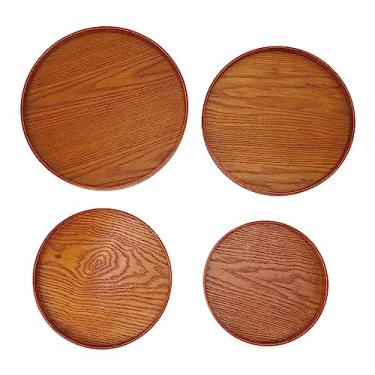 Imagem de Bandeja de madeira Vomeko 4 unidades, bandeja antiderrapante, prato de frutas de madeira, bandeja de servir redonda multifuncional segura à prova de derramamento para restaurante (Dark Brown)