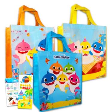 Imagem de Baby Shark Pacote de sacolas – 3 sacolas de compras reutilizáveis Baby Shark grandes, sacolas de viagem para suprimentos de festa infantil, lembrancinhas de festa e adesivos, mais | Sacola