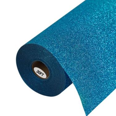 Imagem de guangyintong Rolos de vinil HTV de transferência de calor azul celeste com glitter, 30,5 cm x 9,1 m, ferro em vinil para camisetas, glitter azul celeste, vinil HTV para todas as máquinas de corte,