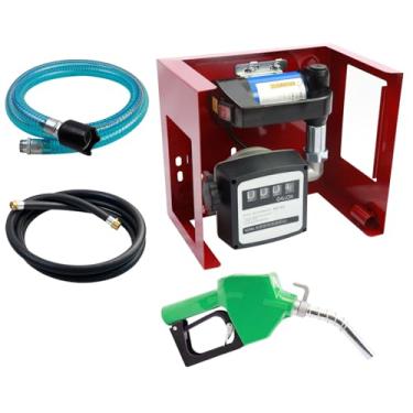 Imagem de BORRITT Bomba de transferência a diesel de 12 V 175 W, bomba elétrica de transferência de combustível e medidor de vazão, bomba autoescorvante de 12 GPM, bocal de combustível automático e 2 mangueiras
