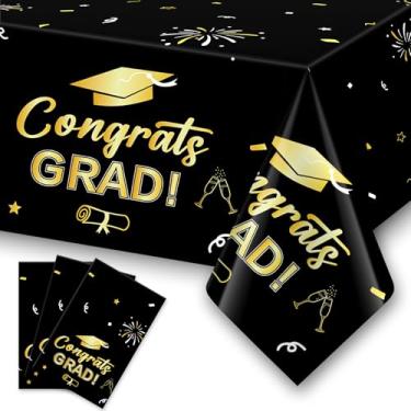 Imagem de Toalha de mesa de graduação, pacote com 3, decorações de formatura preta e dourada, classe de 2025, decorações de mesa de festa de formatura 2025, toalha de mesa de plástico tamanho grande 137 x 274