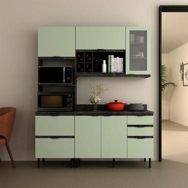 Imagem de Cozinha Compacta Begônia CZ1203 180cm 03 Peças 06 Portas 04 Gavetas com Divisor de Talheres Mármore Lunar Verde Mar Tecnomobili