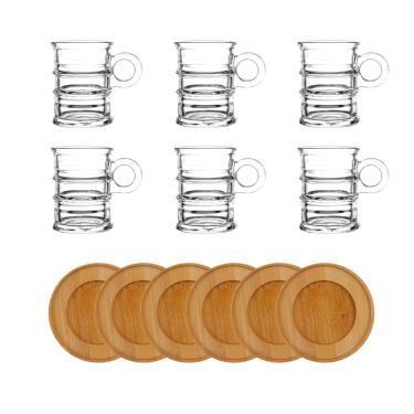Imagem de Jogo para Café 12 peças 6 Canecas Vidro 6 Pires de Madeira.