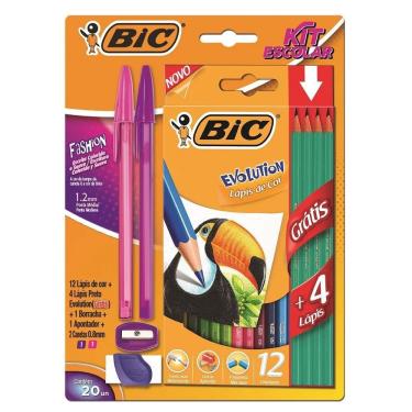 Imagem de Kit Escolar BIC 12 Lápis de Cor + 4 Lápis Preto Evolution + 2 Canetas Cristal Fashion + 1 Borracha