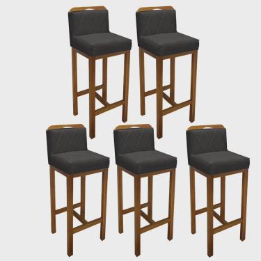 Imagem de Kit 05 Banqueta Alta Com Encosto Simon Cozinha Balcão Bistrô Base Madeira Castanho Suede Cinza - Ahz Móveis