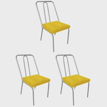Imagem de Kit 03 Cadeira de Jantar Drika Office Escritório Recepção Ferro Prata Suede Amarelo - A...