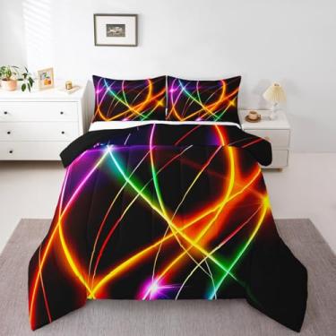 Imagem de Feelyou Jogo de cama solteiro com luz neon infantil, geométrico brilhante, sabre de luz, para decoração de quarto de adolescentes