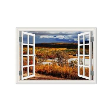 Imagem de Vista da Janela Paisagem Pintura em Tela-Nuvens florestas outono-Impressão Lona Arte Parede Natural-Decoração Sala Estar 50x70cm Sem Moldura