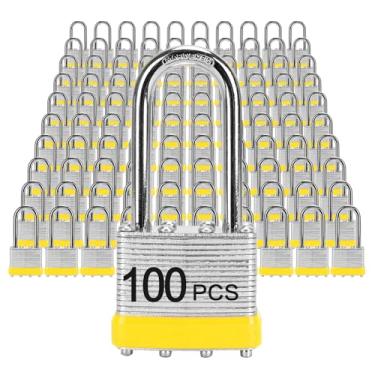 Imagem de Cadeados com a mesma chave, cadeado laminado LQYN 100 peças (1-9/40.6 cm, 40 mm), fechaduras semelhantes com chave, manilha longa, para armário de armazenamento, trava de ferrolho, caixa de