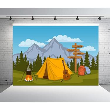 Imagem de BELECO Pano de fundo de acampamento com desenho animado, 3,7 x 3 m, cenário de floresta e montanha, fogueira ao ar livre, tema de barraca, cenário de festa de aniversário, cenário de caminhada, placa