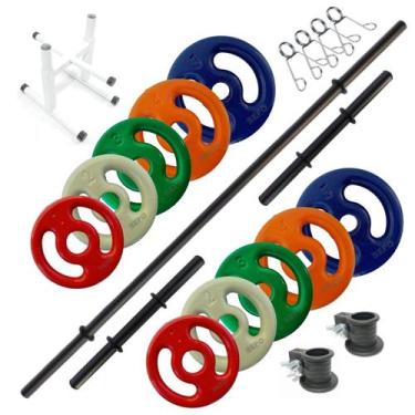 Imagem de Kit Anilhas Emborrachadas 30kg + 3 Barras E Suporte Anilhas - SEPO