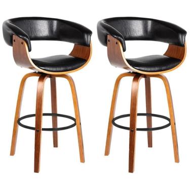 Imagem de Kit 2 Banquetas Giratória Alta Com Encosto Base Madeira Ravi R02 Sintético Preto - Mpozenato