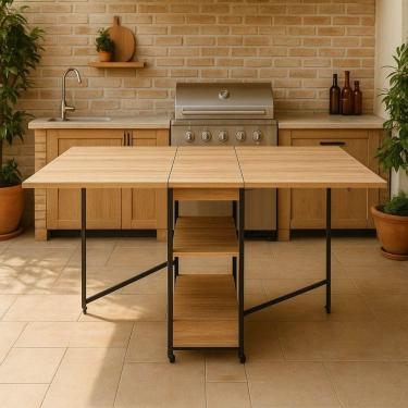 Imagem de Bancada Alta Dobrável 2m Amadeirado Claro Ergonômica Multiuso Para Atelier Festa Cozinha Mdf Ferro