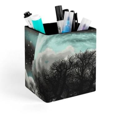 Imagem de Porta-lápis de maquiagem Starry Night Black Tree Art para mulheres, copo quadrado para escritório, mesa, mesa, papelaria, organizador