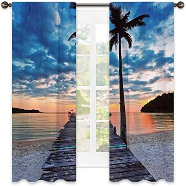 Imagem de Cortina isolada de sombreamento de cais, prancha de madeira pelo oceano calmo, palmeira trópica e céu dramático, decorações de janela de casa de festa de cerimônia de casamento, L 132 x C 239 cm azul