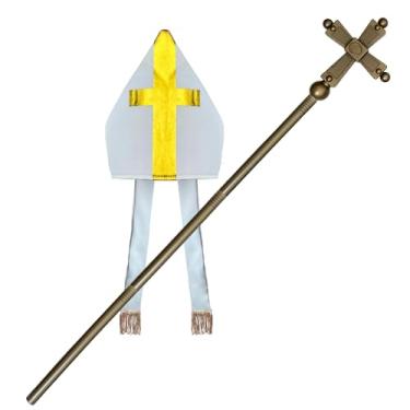 Imagem de EverJoy Party Adjustable Gold Pope Cross Staff and Adult Mitre Hat - 44-Inch 4-Piece Bishop Prop and Pope, Cardinal, Bishop Hat Costume Accessory for Halloween, One Size