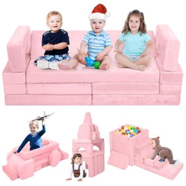 Imagem de OSYKIU Sofá modular para crianças, 18 peças, sofá secional infantil, móveis de sala de jogos criativos DIY para crianças, sofá infantil de veludo, espuma conversível e almofada de chão para meninos e
